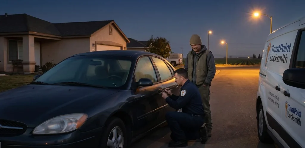 TrustPoint Locksmith technician unlocking a house door for a local resident outside a home in Lamont, California